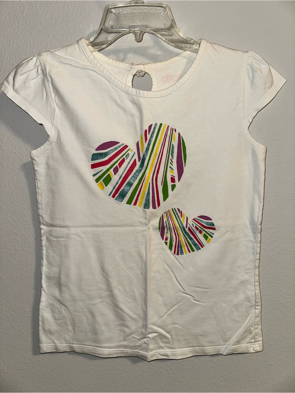 Circo Girl’s White Tee with Colorful Striped Heart Graphics size XL 14/16